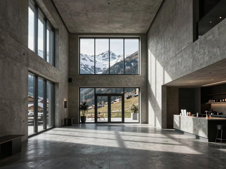 Wide environmental shot of a modern, minimalist hotel lobby in the Swiss Alps, dramatic natural window light casting long shadows on concrete walls.