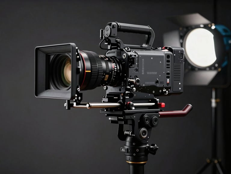 A professional cinema camera rigged on a stabilizer, dramatic studio lighting with deep shadows, high-contrast setup.