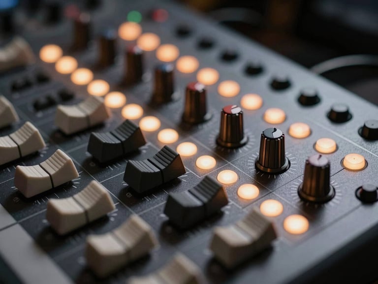 Extreme close-up of a high-end audio mixing board with glowing LED indicators, sharp focus on a single dial, dark studio environment.