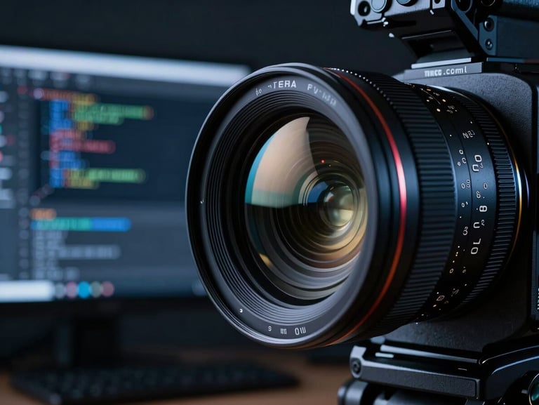 Cinematic close-up of a high-end cinema camera lens reflecting a code editor screen on a dark production set, dramatic blue side lighting, deep shadows.