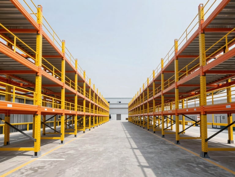 Symmetrical wide-angle shot of a clean modern industrial warehouse with bright yellow and safety orange racking systems, architectural precision, high contrast daylight