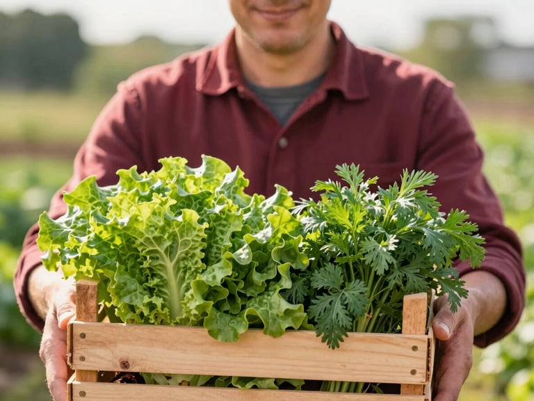 Local farmer in natural light, smiling, holding a wooden crate full of fresh green lettuce and herbs, warm daylight