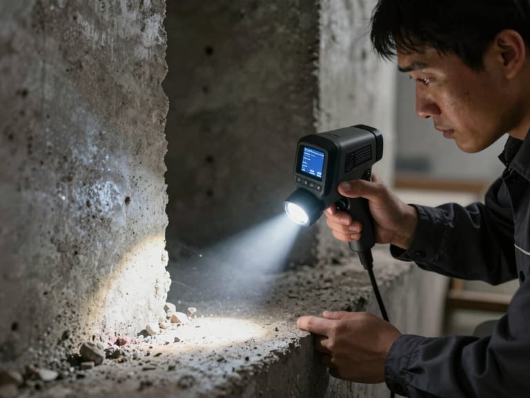 Tight macro shot of a technician in a clean dark charcoal uniform using a thermal imaging camera to inspect a concrete foundation, dramatic sharp flashlight beam cutting through shadow, high contrast.