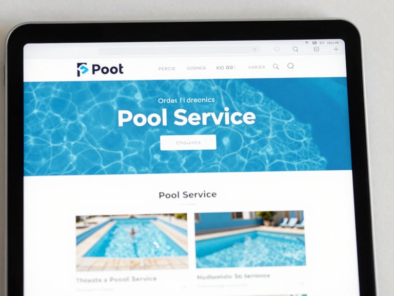 A close-up of a tablet screen showing a clean, modern pool service website layout, bright daylight, sharp focus on the mobile interface.