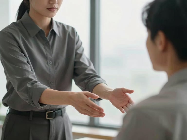A person in a calm, professional office setting, gently guiding another person in a relaxed state, soft natural window light, muted professional tones, shallow depth of field, 35mm lens.