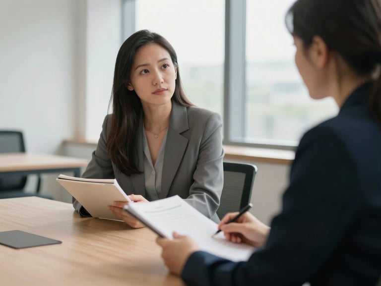 A professional coach actively listening to a client in a modern, well-lit meeting room, hands holding notebooks, soft natural window light, muted professional tones, shallow depth of field, 35mm lens.