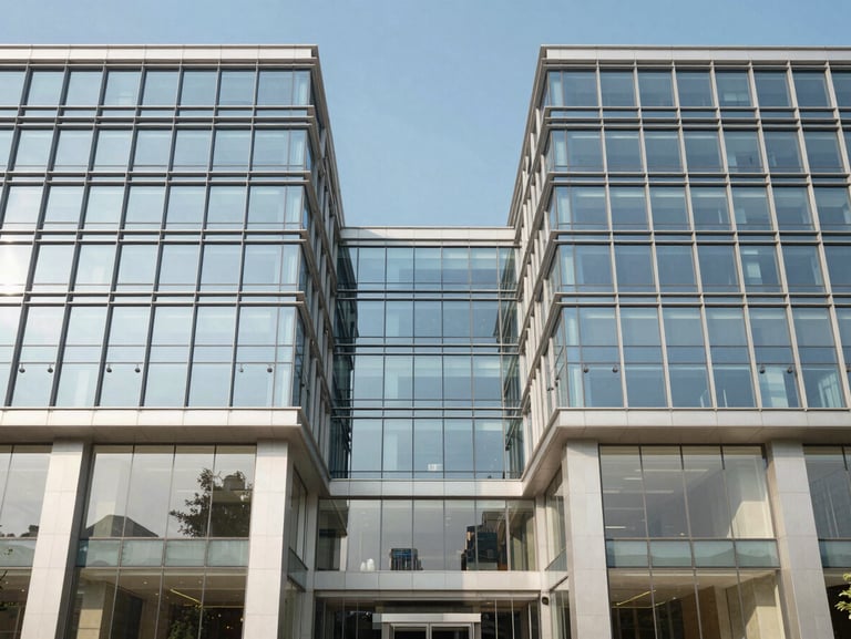 Symmetric exterior of modern corporate headquarters in Noida, glass facade reflecting bright blue sky, clean architectural geometry