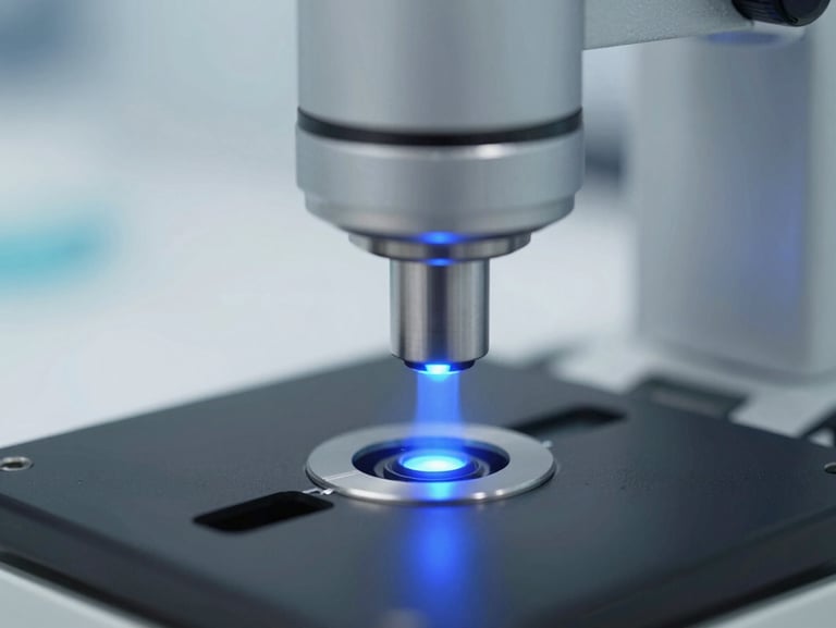 Crisp clinical laboratory photography of high-precision micro-tech component under cool blue laser light, cleanroom setting.