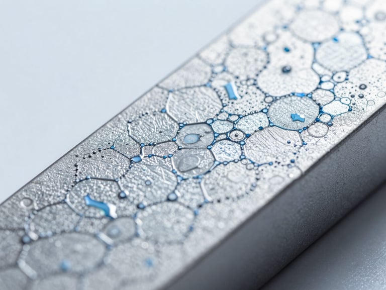 Extreme macro shot of advanced metallic alloy coating showing molecular-level crystalline structure, sterile white light.