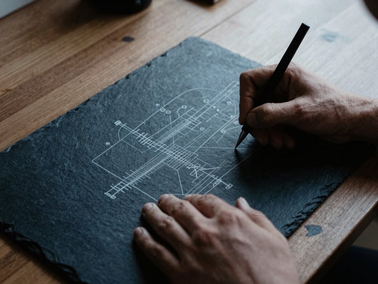 Close-up of hands drafting a technical schematic on a dark slate desk, moody overcast daylight, high contrast