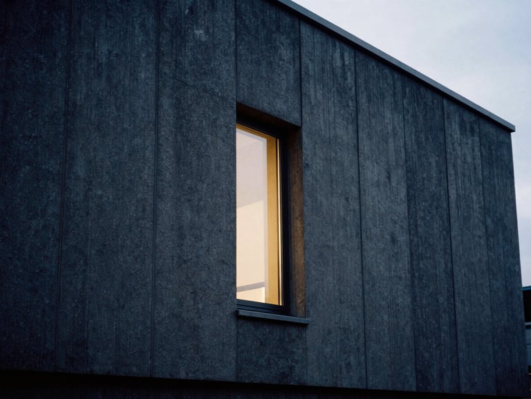 Monolithic concrete building facade with clean vertical lines, soft side-lit window light, high contrast