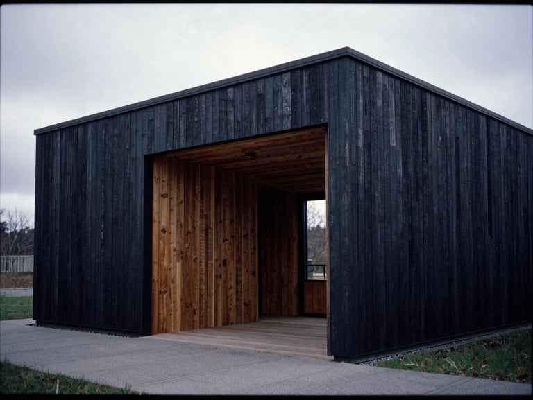 Moody architectural photograph of a modern timber-clad pavilion in overcast daylight, high contrast, 35mm film grain
