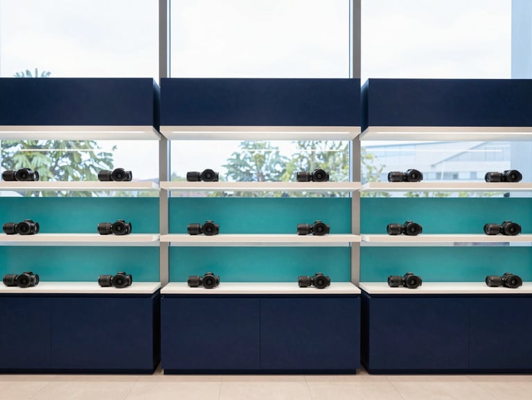 Bright modern retail interior with clean lines, professional atmosphere, natural daylight through glass windows, sharp focus, 35mm lens