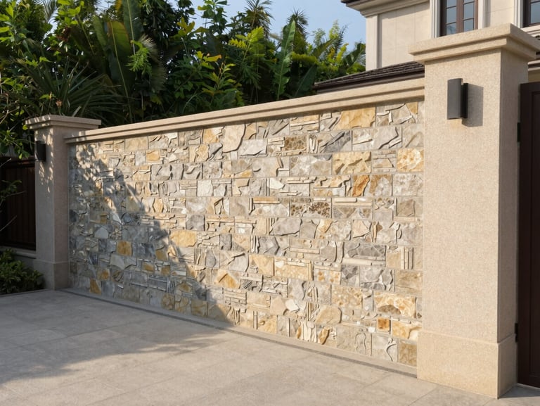 Close-up of natural stone masonry and clean-cut estate borders of a luxury residential property, crisp morning light