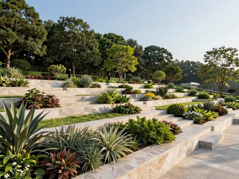 Wide-angle landscape shot of a premium commercial development with structural grading and mature specimen plantings, crisp morning light