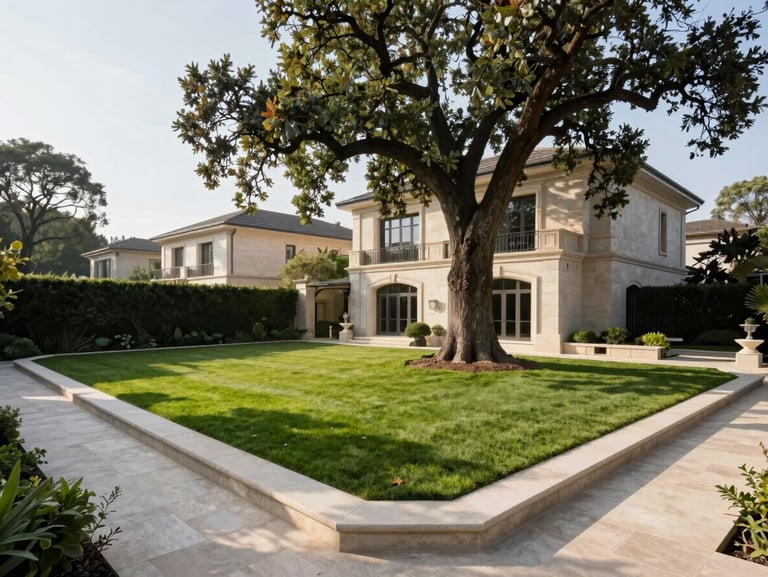 A high-end residential estate garden with clean-cut limestone borders, a mature specimen oak tree, crisp morning light casting long shadows across a manicured lawn, architectural home in the background.