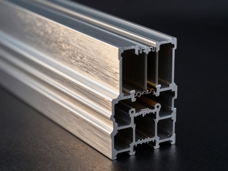 Macro close-up of a precision-engineered aluminium curtain wall profile cross-section, showing internal thermal break gaskets, sharp technical lines, studio lighting, high-contrast cool metallic tones.