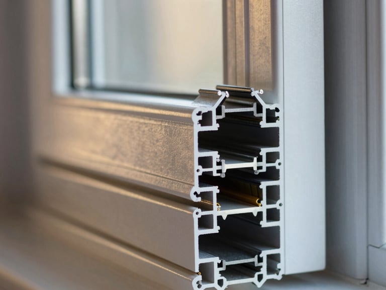 Macro close-up of a premium uPVC window profile cross-section, showing multi-chambered extrusion, steel reinforcement, and double-sealed gaskets, high-contrast cool metallic tones.