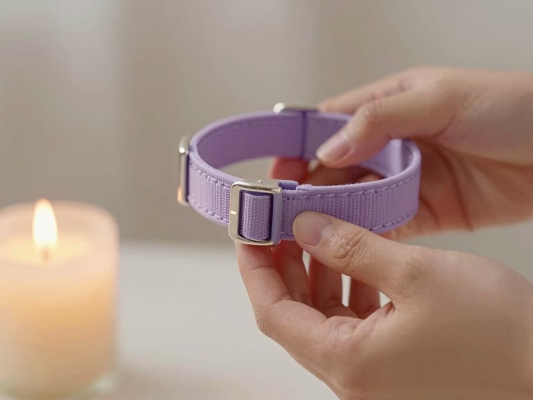 Close-up detail of hands gently holding a pet collar next to a burning candle, soft focus, warm diffused light.