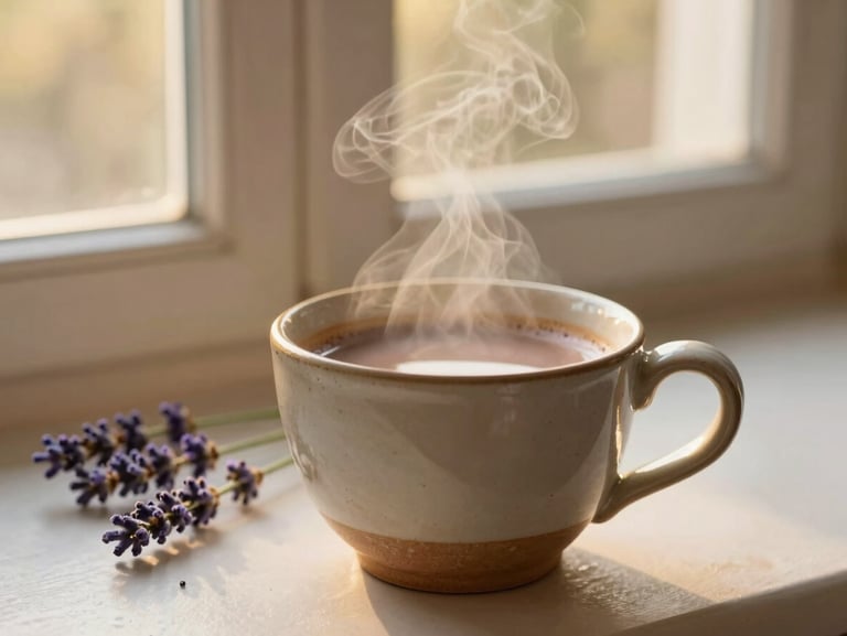 Warm editorial close-up of steam rising from a handmade ceramic cup of sacred cacao, soft golden-hour window light, lavender sprigs nearby.