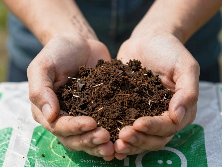 Macro close-up of dark, nutrient-rich soil being held in hands over a physical fertilizer sack, bright natural daylight, 35mm lens