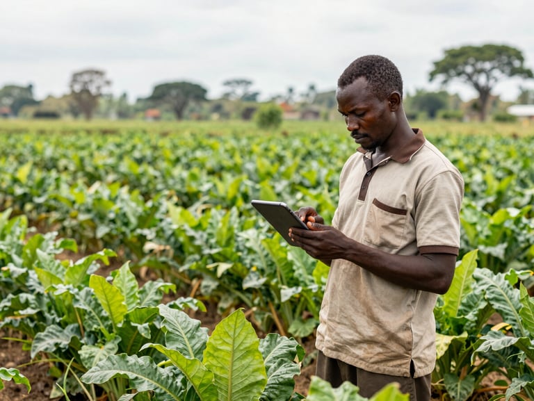 A Ugandan farm manager using a mobile tablet in a lush crop field, bright natural equatorial daylight, editorial documentary style