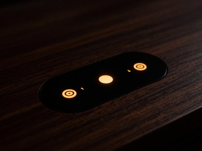 Close-up of a touch-sensitive control interface embedded under a dark wood surface, glowing warm amber indicator, low-key lighting.