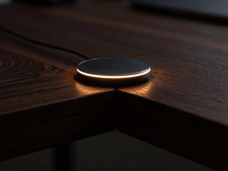 Macro shot of a dark oak table joint with a flush-mounted wireless charger emitting a faint warm amber LED ring light, dark low-key editorial photography.