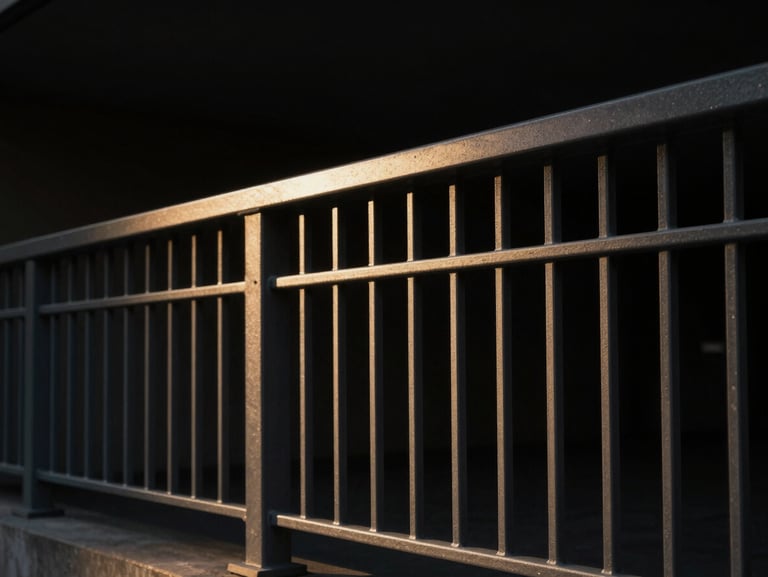 Architectural steel balustrade with clean geometric lines, dramatic side-lighting casting long shadows, dark charcoal tones.