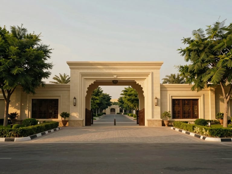Wide-angle architectural view of a premium gated community entrance in Lahore, lush landscaping, golden-hour light, 35mm