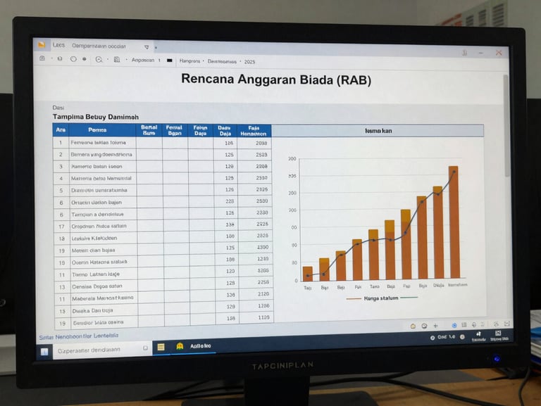 Tampilan dekat dokumen Rencana Anggaran Biaya (RAB) yang rapi di layar monitor, menampilkan baris kalkulasi volume material beton dan baja dengan grafik analisis harga satuan yang bersih.