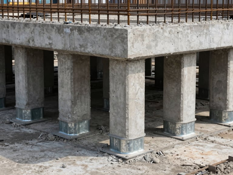 Straight-on structural shot of a reinforced deck foundation, showing newly poured concrete piers and heavy-duty galvanized steel post bases.