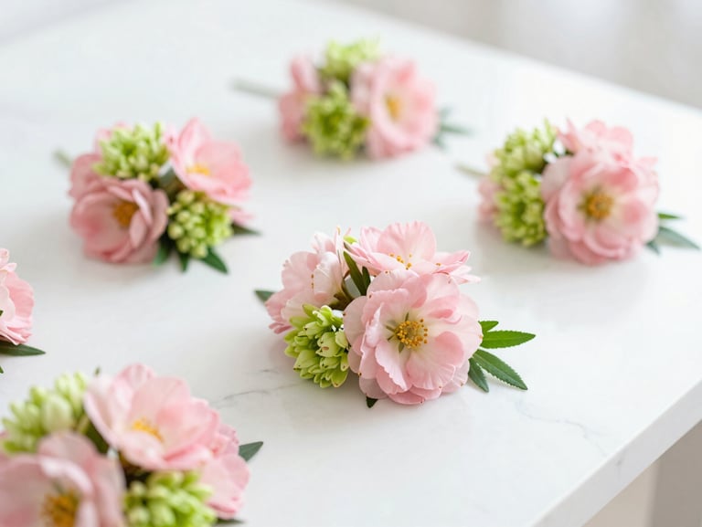 Bright editorial close-up of delicate pink and green floral arrangements on a clean white marble table, soft natural daylight, shallow depth of field