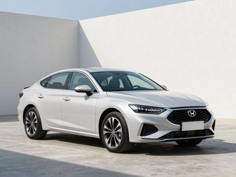A clean modern sedan parked in a bright, minimalist concrete space, professional automotive photography