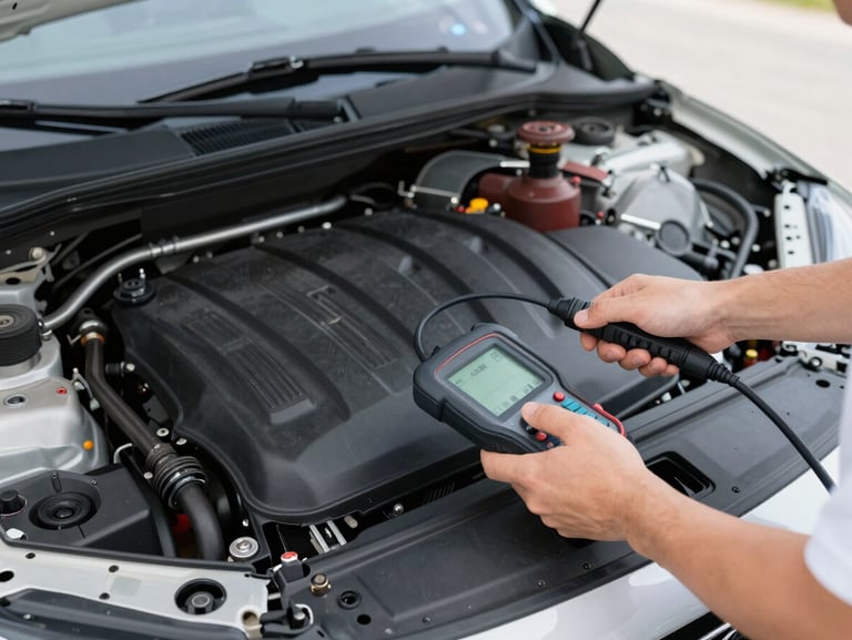 A clean car engine bay under inspection, hands of a technician using a diagnostic tool, crisp details, neutral cool tones