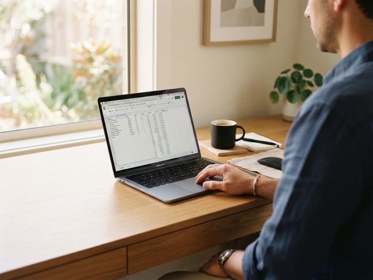 Over-the-shoulder shot of a clean, minimalist wooden desk with a laptop displaying a spreadsheet, warm natural window daylight, 35mm photography