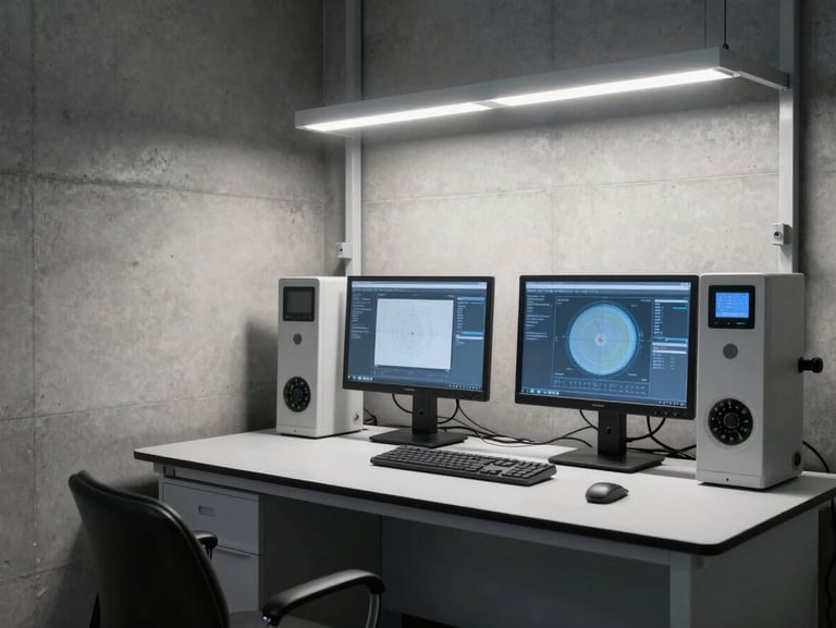 A minimalist R&D testing lab environment with clean concrete walls, a technical workstation with calibration screens, cool directional lighting