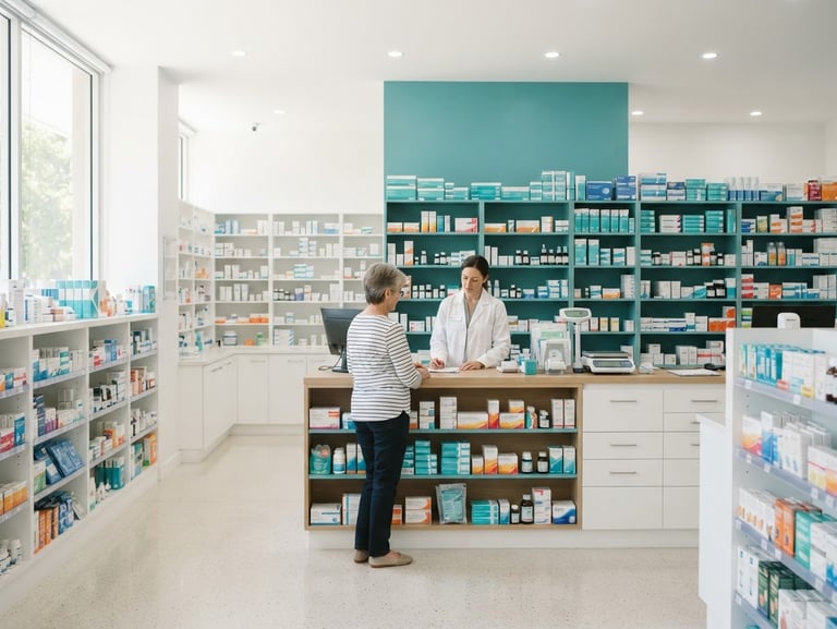 Bright clean pharmacy interior with organized shelves of medical supplies, sterile teal accents, soft natural daylight, 35mm lens