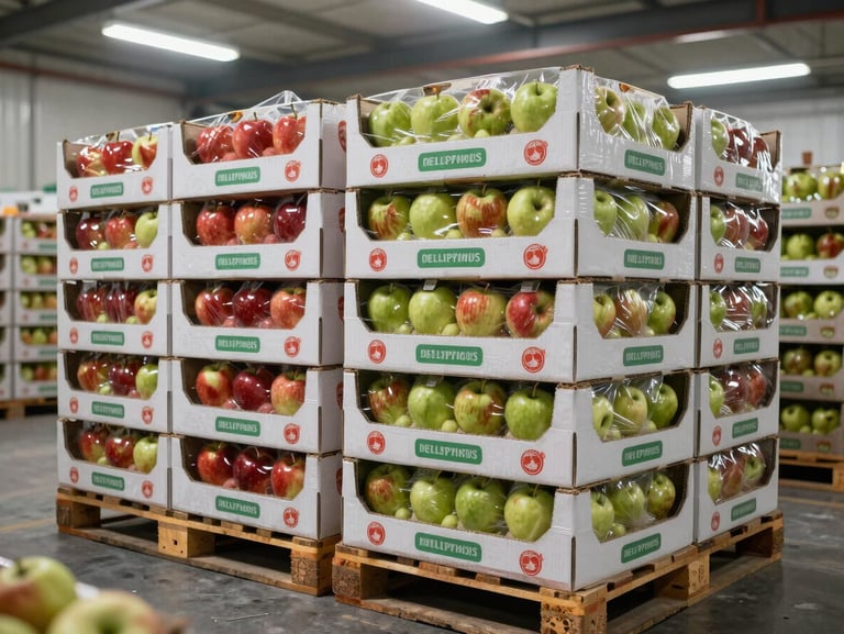 Imported apples packed in branded export cartons stacked on pallets inside a cold storage facility, clean fluorescent lighting, red and green varieties visible through vented packaging