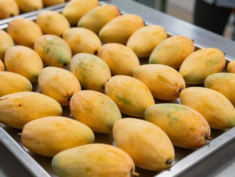 Rows of Alphonso mangoes in open export trays on a grading table, clinical indoor daylight, uniform golden-yellow skin, sorted by size with no blemishes visible