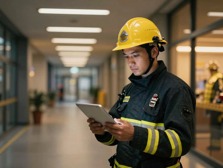 Professional fire safety inspector examining a digital tablet in a modern commercial corridor, warm gold highlights, 35mm