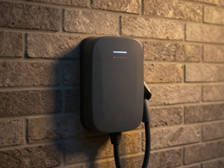 Close-up of a neatly installed domestic EV charger on a modern brick wall, warm ambient lighting, 35mm