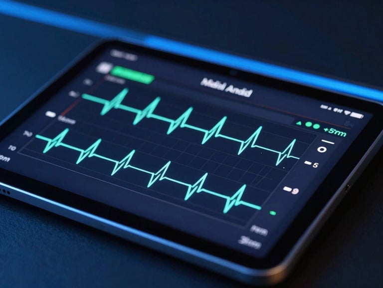 Close-up of a medical Android tablet interface showing clean heart rate graphs and patient telemetry, cool studio lighting with vibrant electric blue accents, sharp focus, 35mm