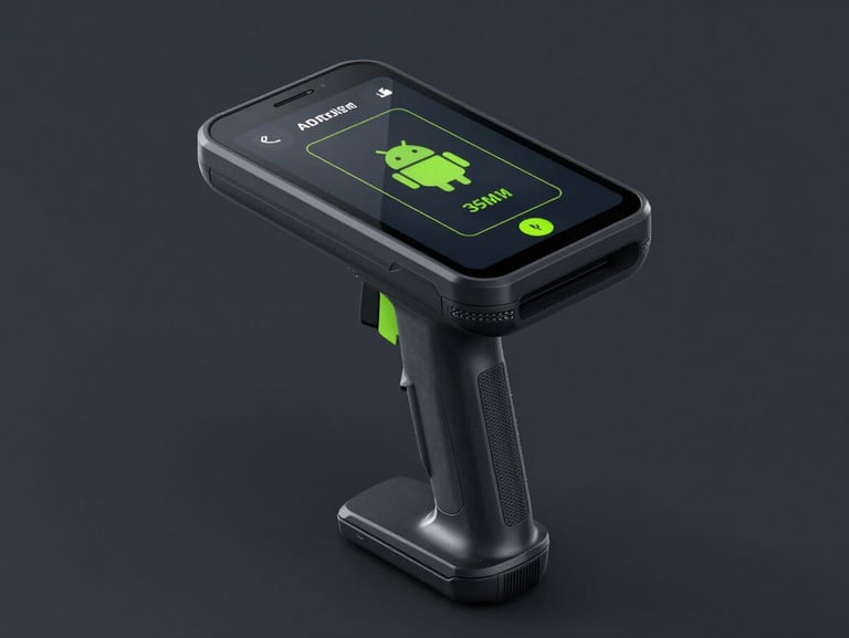 Isometric mockup of a rugged handheld scanner running a custom Android warehouse application, high-contrast dark UI, neon green status badges, sleek tech photography, 35mm