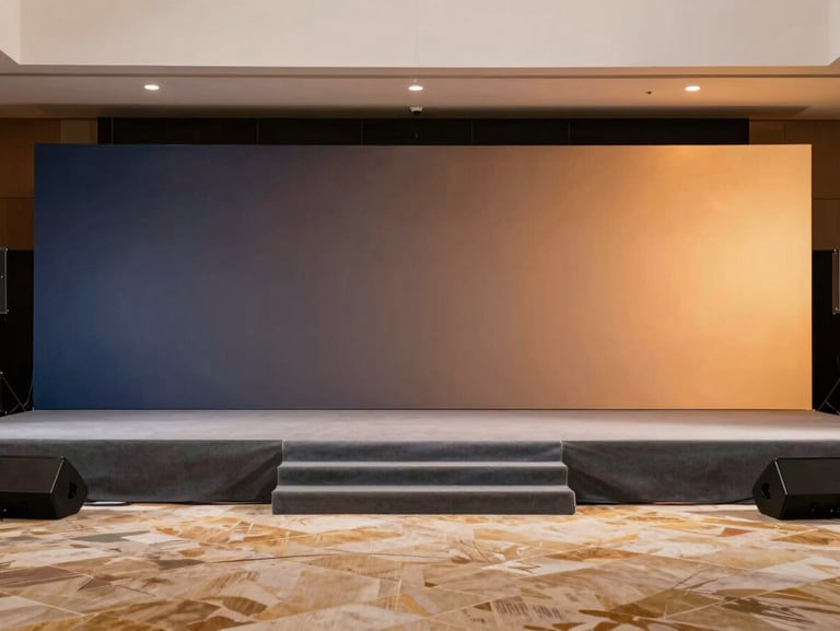 Premium corporate summit stage backdrop, modern sleek design, subtle branding, warm professional lighting, wide angle