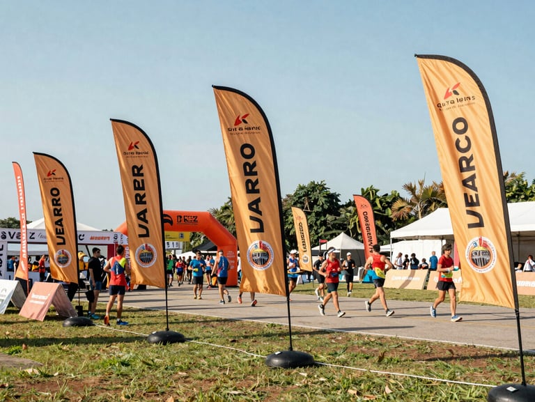 Outdoor sports marathon event, high-durability windproof banners, custom race medals, bright daylight, action shot
