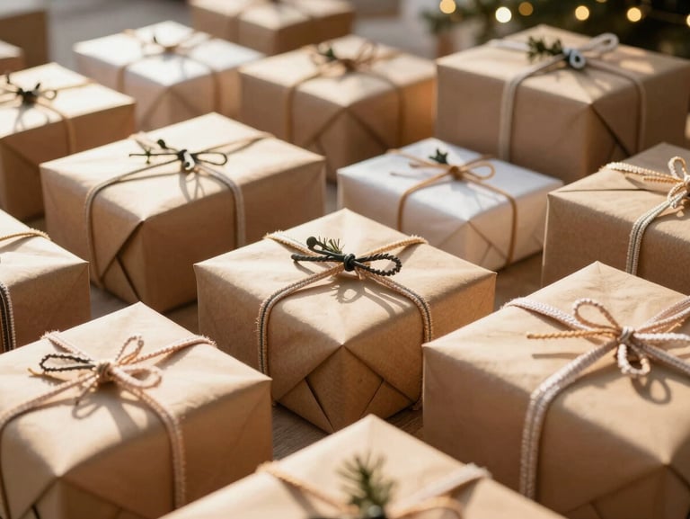 Cozy seasonal celebration, elegant holiday lighting, custom premium gift packaging, warm golden hour atmosphere, close-up details