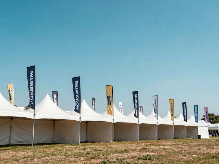 Heavy-duty custom printed event tents and wind-resistant feather flags standing under a bright blue sky, wide environmental shot