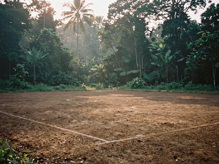Wide environmental shot of a cleared clay football pitch in the dense Indonesian jungle, golden hour light filtering through tall tropical canopy, humid mist, 35mm film.
