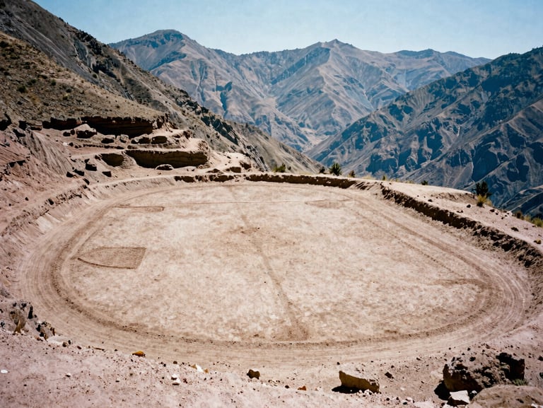 Low-angle wide shot of a dirt football pitch carved into a steep Andean mountain ridge in Peru, harsh midday sun, dry clay earth, peaks in background, 35mm film.